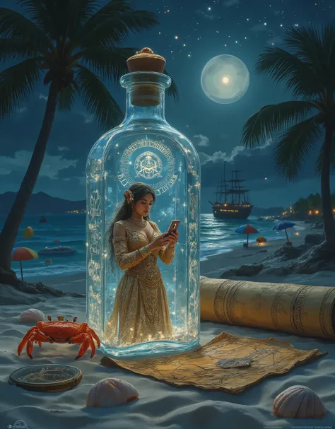 A stunning, crystal clear quartz bottle adorned with ancient, mystical inscription, resting on pristine beach sand, as a resplendent female genie, clad in an intricately embroidered, golden Middle Eastern gown, emerges from within, her eyes fixed intently...