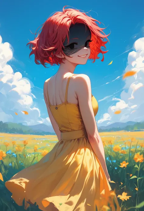 masterpiece, best quality, from behind, solo, 1girl, mesmerizerteto, shaded face, smug, looking back, short hair, red hair, twin drills, black eyes, empty eyes, yellow sundress, bare shoulders, outdoors, blue sky, flower field 