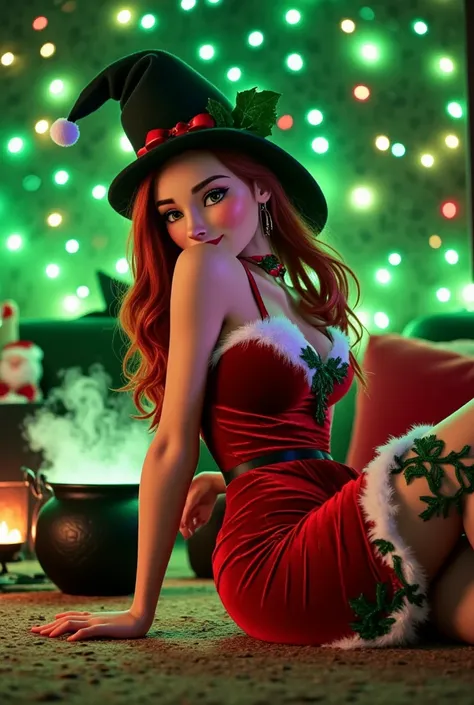 3D Disney Pixar Animation, lying on the ground, tridimensional Animation in the style of Disney Pixar, in the background there is a Steaming cauldron, green ambiance with Fog, In her lair, Scarlet, a bewitching sorceress, she is wearing a witch hat, wide h...