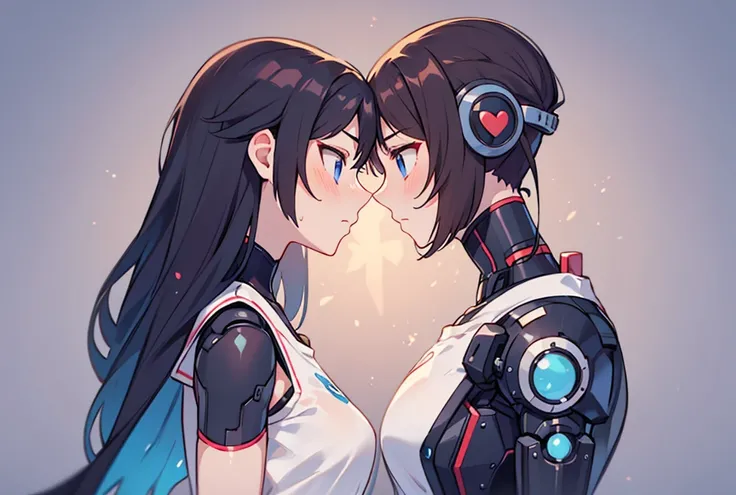 THE LOVE ROBOT COUPLE WITH A HUMAN
anime girl, long straight hair, Wearing a tshirt, sad, detailed face, with a hot handsome robotic man, tall, wearing a tuxedo