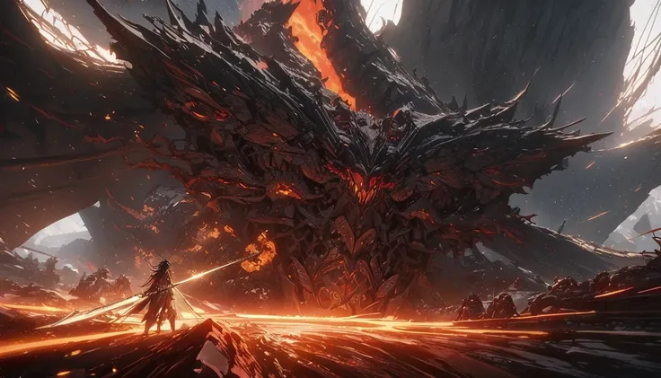 ((Alone)), (male),  Dark Orange Eyes  ,   black hair,   long hair,   messy hair,    Dark Orange Inner Hair   ,    Close up of a person with a sword in a desolate land surrounded by demons and monsters, Burning Battlefield,  amazing,    Detailed Anime Key V...