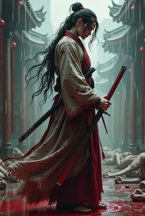  create me a espadhim in a ragged kimono , With long hair tied in a ponytail ,  with red eyes that is stained with blood who carries a sword in his hands that is raining and with several bodies scattered on the floor