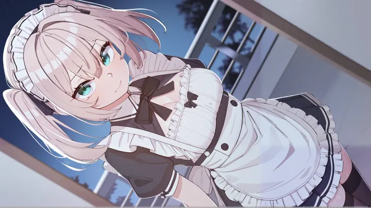 Looking at viewer,Focus on character,Dynamics angle,Dynamics pose,masterpiece, top quality, very detailed, 1 girl, Twin Tails ,combat maid girl, depth of field, at night,