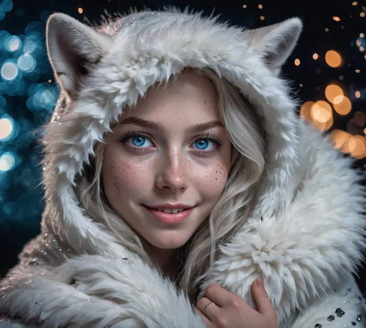 extremely detailed up close photo of a beautiful polar faerie woman, with large beautiful icy blue eyes, wearing a white fur coat, hood, detailed jewelry, shy smile, fireworks dark night background, fantasy, elegant, beautiful dark firework sky background,...