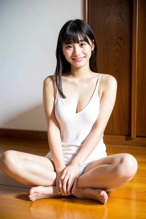   girl,18 years old,bangs,Smile a little,、from below、 sitting on the floor、Full Body Photo、Japanese-style room、barefoot、( sits with her knees bent ),(( spread legs)),  Sitting Naked 