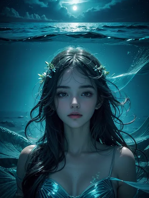 A woman swimming in the sea where bioluminescent plants shine, ((bioluminescent plants shine)), the moonlight reflected on the surface of the sea, a beautiful starry sky, beautiful face, detailed face,