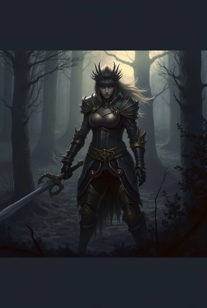 (photorealism:1.2), muscular woman wiht big arms in heavy half plate armor with dark hair, witch and Gothic style, dark colors, large sword in her hand, facial tattoos, dark colors,Short Hair, Bangs, Black Hair, 