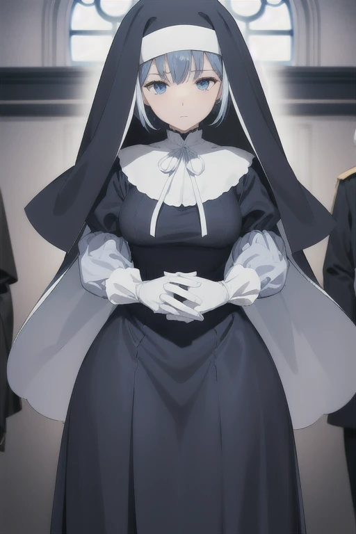 Mature women, nun, 1girl, solo, blue nun outfit, puffy sleeves, blue cape ,blue long skirt, white gloves, long deep black veil, vail cover her face,(look at viewer), vail covered face, (perfect skin),(no emotion ), anime, room, sexy pose, standing