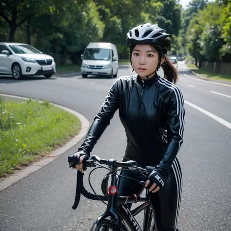 Asian Girl Cyclist, In a biker suit with a bicycle, on a country road