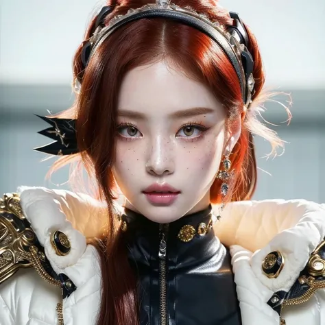 a close up of a woman with red hair wearing a white jacket and amber golden bambi eyes, portrait of jossi of blackpink, iu lee ji-eun as a super villain, jossi of blackpink, jinyoung shin, ulzzang, blackpink jennie, wan adorable korean face, porcelain cybo...