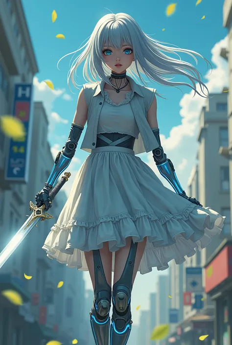 ((A half-mechanical girl with a human torso and translucent mechanical limbs)), ((Her limbs are translucent and revealing the internal electronic circuitry)), (Sleeveless jacket and frilly skirt), Bright blue eyes, Bright mechanical limbs, ((The sword is s...