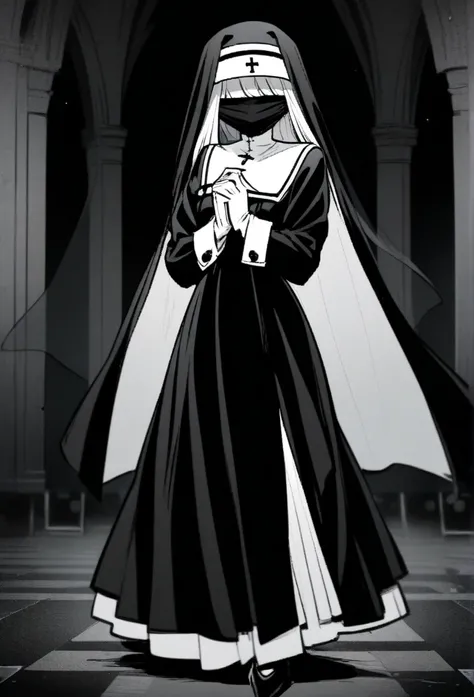 a woman in a black dress in nun, black nun, long skirt, faceless,veil mask /(Veil mask covering face) white gloves.