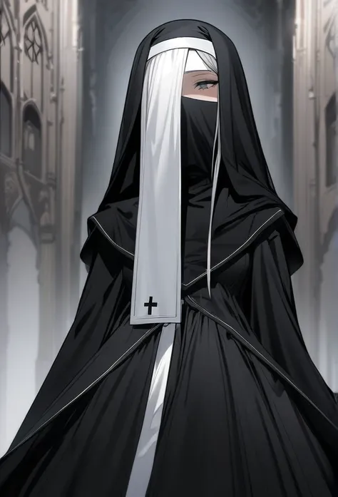 a woman in a black dress in nun, black nun, long skirt, faceless,veil mask /(Veil mask covering face) white gloves.