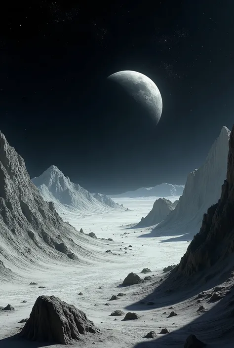 Concept art réaliste d’un paysage lunaire hostile et impropre à la vie; ciel sombre et étoilé.