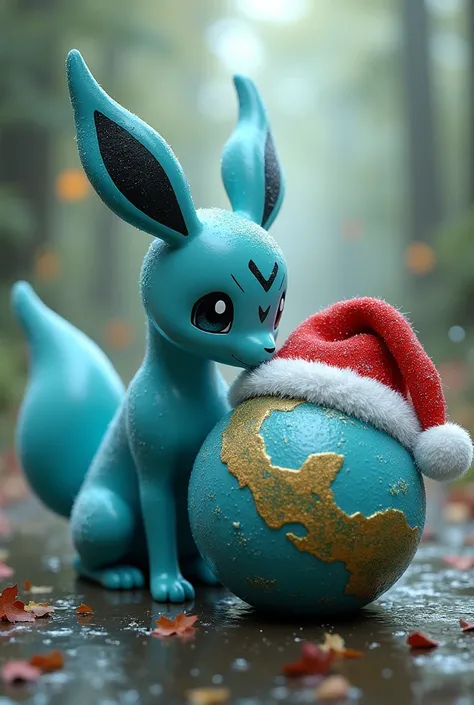 A vaporeon that kisses a Mexico in the shape of a sphere with a Christmas hat 