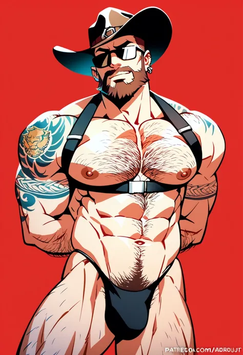 a bearded tattooed muscle man  posing,  SFW,  muscular man,  Perfect anatomy ,  balanced anatomy ,  hairy,  big breast, BDSM costume , cowboy hat, Sunglasses,  tight thong, black harness , big crotch, lewd expression,  muscular,  short haircut, bearded,  b...