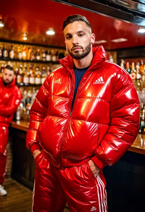 Graffiti urban style, portrait of medium body of two:chav guys handsome 30 year old Chavs,muscular and athletic,having a beer inside a bar in London, more scally men in the background, with beard, full red electric mix materials of leather/latex cap "adida...