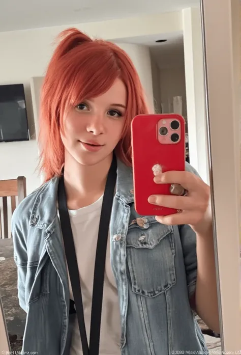 Full body  view im the mirror selfie amateur young girl with Red ponytail she hold Red iPhone 