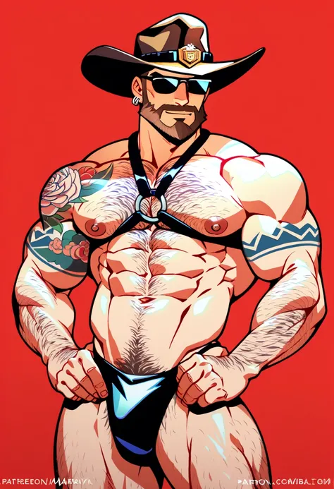 a bearded tattooed muscle man  posing,  SFW,  muscular man,  Perfect anatomy ,  balanced anatomy ,  hairy,  big breast, BDSM costume , cowboy hat, Sunglasses,  tight thong, black harness , big crotch, lewd expression,  muscular,  short haircut, bearded,  b...