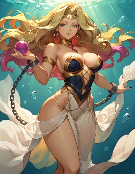 (masterpiece, anthropomorphic fantasy anime style, creative art), Goddess Medusa Anthro, goddess clothes decorated with chains, posing for underwater view, beautiful, posing, solo, curvy, voluptuous, expressive, cheerful, smiling, harmonious colors, dynami...