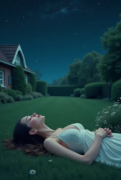 Naked woman indulging with her eyes closed to the starry night and lying on the lawn in the garden of her country house