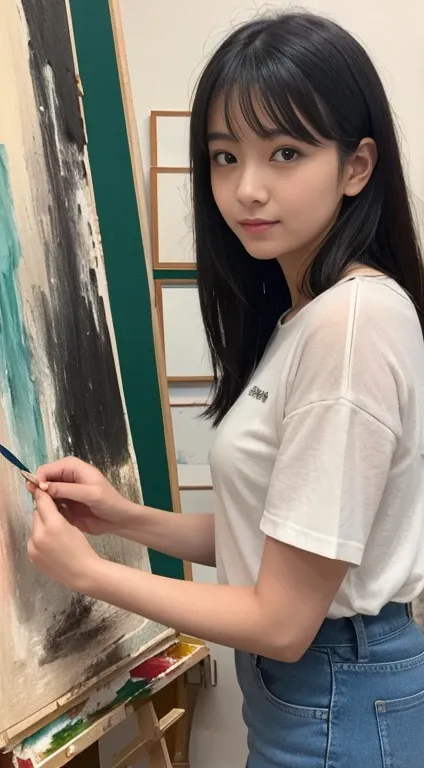 Please draw a beautiful woman who is an artist painting a picture。She has a painting palette and brushes、Wearing casual clothes。Black Hair