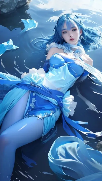 girl with blue hair and white dress posing in water, wallpaper  blue water, detailed digital  art, rem rezero, clean detailed art, detailed artwork, 8k high quality detailed art, beautiful artwork, detailed art, blue scales covering her chest, digital art ...