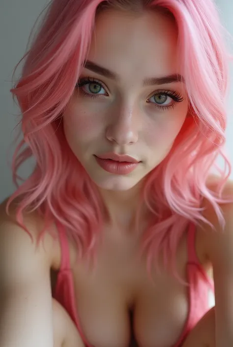 a young woman with beautiful detailed eyes, beautiful detailed lips, long eyelashes, extremely detailed face, pink hair, spread legs, showing her vagina, photorealistic