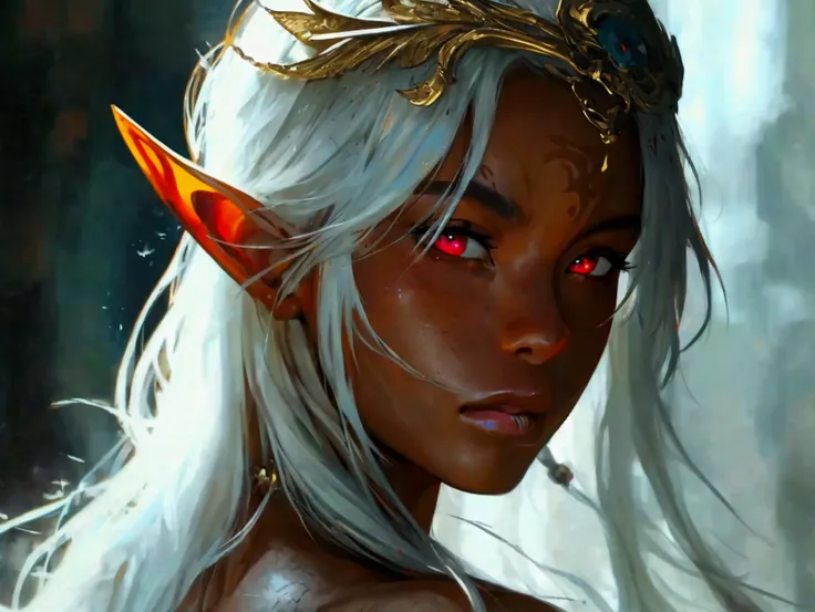 a close up of a naked woman with a sword on her head, elf girl, shiny dark skin, wlop glossy skin, dark skin, relaxed dwarf with white hair, the style of wlop, white haired deity, wlop : : 5, guweiz, made with anime painter studio, dark skin, dark elf, on ...