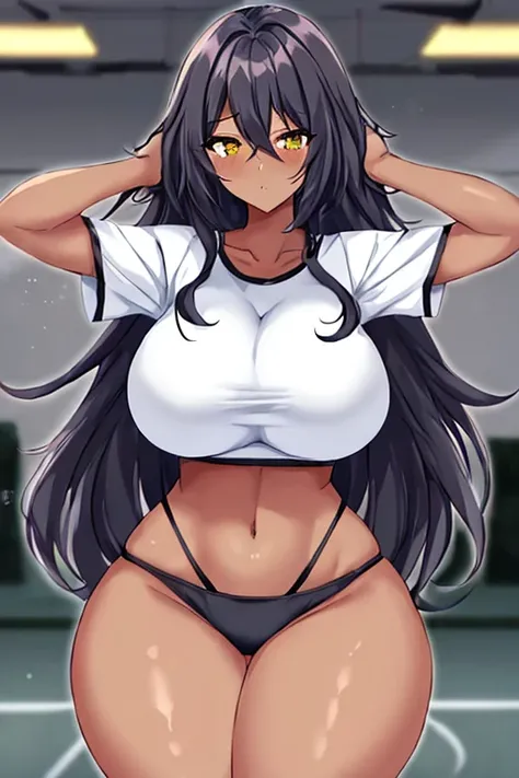 1girl, anime style, 2d, anime screencap, dark skin, black skin, dark-skinned female, white hair, long hair, huge breasts, wide hips, thick thighs, shirt, sportswear, shy, sports bra, screencap, masterpiece, hourglass figure, mature female,