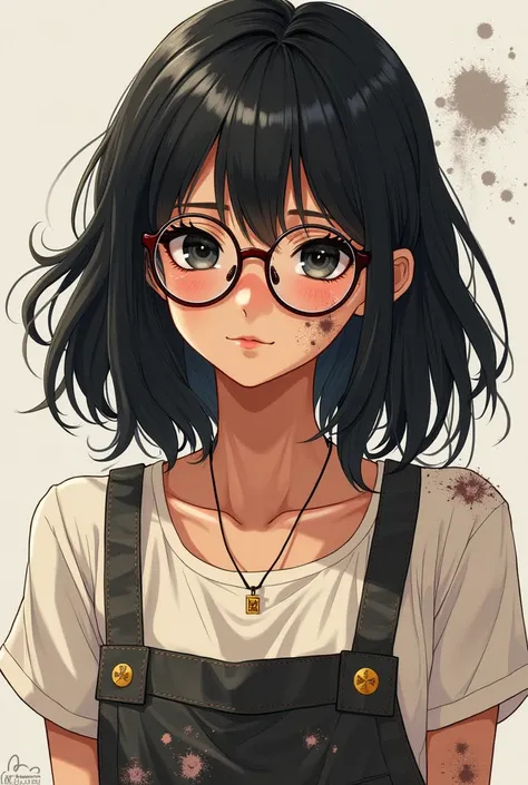 Anime girl with black hair, medium short and wavy ,  black eyes,  brown skin, with glasses and artists clothes