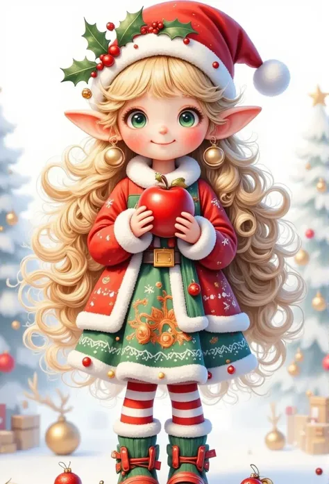 A cute anime elf girl wearing a Christmas hat, Holding an apple, She has long blonde hair, The hair is decorated with Christmas balls， Green Eyes , Dark eyeshadow, freckle,  wearing a dress with Christmas elements , green booties, Huge bow， Height Detailed...