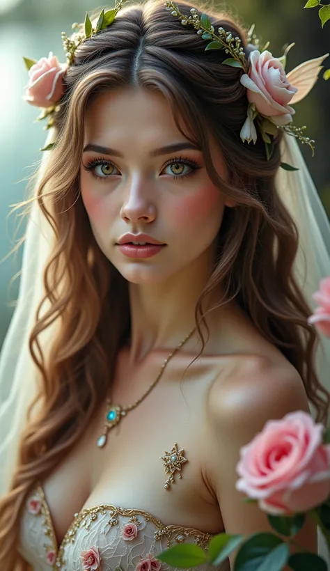 1girl, solo, long hair, looking at viewer, brown hair, hair ornament, dress, jewelry, flower, earrings, wings, hair flower, blurry, see-through, blurry background, rose, realistic, fairy wings, fairy