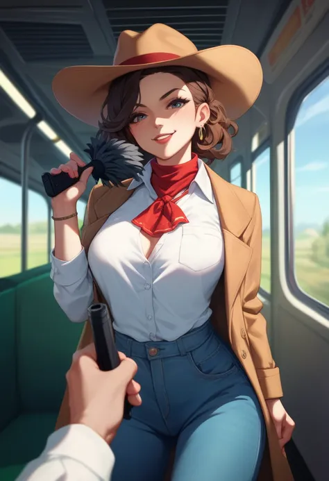 Cowgirl in an open duster coat with straps, wearing blue jeans and a white button up shirt. Has a big red bandanna covering her face, wide flat brimmed cowboy hat, pointing a gun at POV, on a train car, robbing the train,