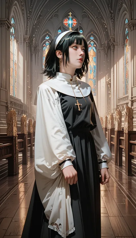 Billie Eilish is walking  ,  shes walking in the cathedral,  shes wearing a nuns outfit, in a cathedral ,  short black hair ,serene look 