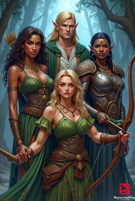  Use the drawing style Create an image of a group of D &d, composed of 5 members :
 01 Druid of the Human race , feminine gender,  with brown skin and curly hair 
A white-skinned, blond-haired cleric of the human race ,  male gender 
01 Elfa Arqueira , fem...