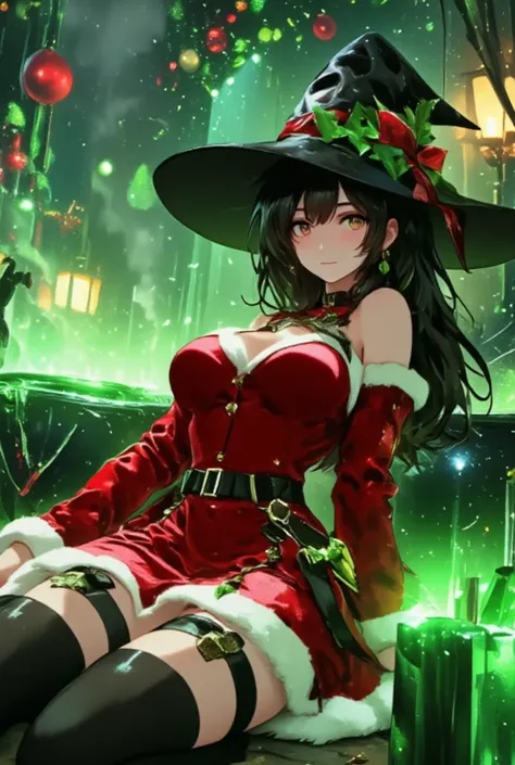 Anime Illustration, lying on the ground, in the background there is a Steaming cauldron, green ambiance with Fog, In her lair, Scarlet, a bewitching sorceress, she is wearing a witch hat, wide hips and narrow waist, Christmas Babe, dons a snug, revealing o...