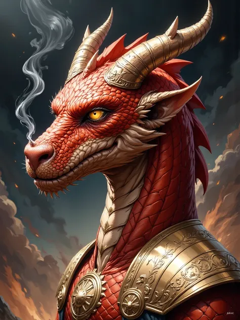 A highly detailed portrait of a dragon-headed dragonborn, rendered as an illustration and concept art in the style of Greg Rutkowski. The dragonborn’s face is powerful and majestic, with intricate scales shimmering in shades of deep crimson and gold, exudi...