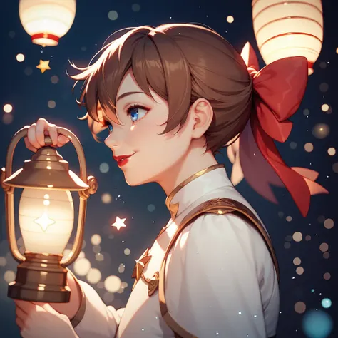 (extremely delicate and beautiful: 1.2),  1 girl , bangs,  blue eyes, Blur, Blur background, bow, Brown Hair, shut up, Side View,  hair between eyes, hair bow,  lantern, Particles of light,  Long Sleeve ,  watching the audience,  medium hair,   knight , re...