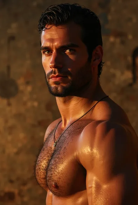 The worlds sexiest handsome muscular h3nr4, masculine facial features, stubble, Intricate details, cocky smirk, hairy muscular chest, soaked all over, cinematic texture, best quality, bright dynamic lighting, warm colors,