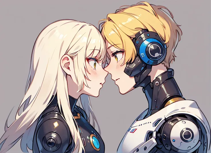 A close-up romantic scene between a human girl and a humanoid robotic man. The girl has long, straight light yellow hair and is fully human, with adorable cute face and detailed face. The robotic man has a sleek, futuristic design with a visible robotic bo...