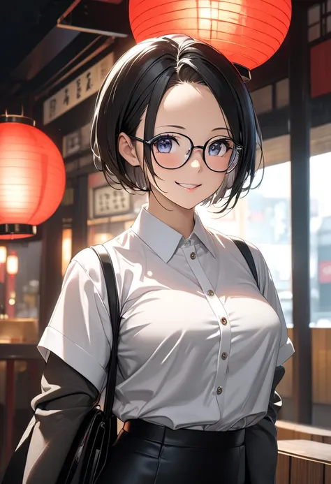 RAWphoto,photorealistic,8k16k,best quality,perfect anatomy,perfect detailed,ultra highres, extremely detailed eyes and face,gleaming skin,shiny skin,1girl,Japanese,black short hair,pixie cut, (wearing glasses:1.3),(parted bangs,forehead:1.2),round face,med...