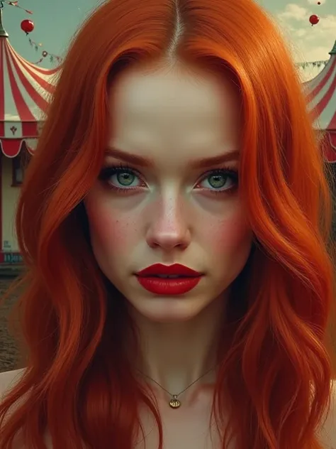 Karen Gillian, half body, long red hair, red lips, detail expression, in love, soft lighting, brush effect, circus background,