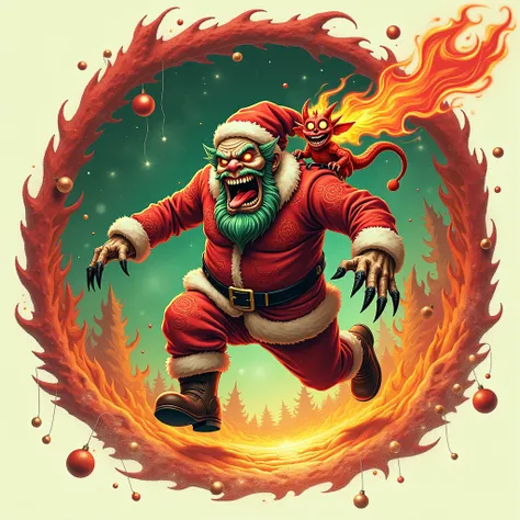 A high-contrast, grainy 1960s film-style illustration on a creamy white canvas.  A monstrous Santa Claus, in the style of Alberto Seveso and Russ Mills, leaps through a swirling vortex of blazing red, electric green, molten yellow, and burnt orange. His su...