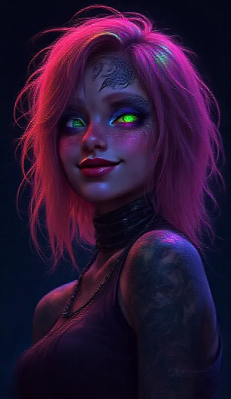 Kizi. Rainbow colored hair. cyberpunk. tattooed. Grinning. darkness background. Eyes rainbow colored 