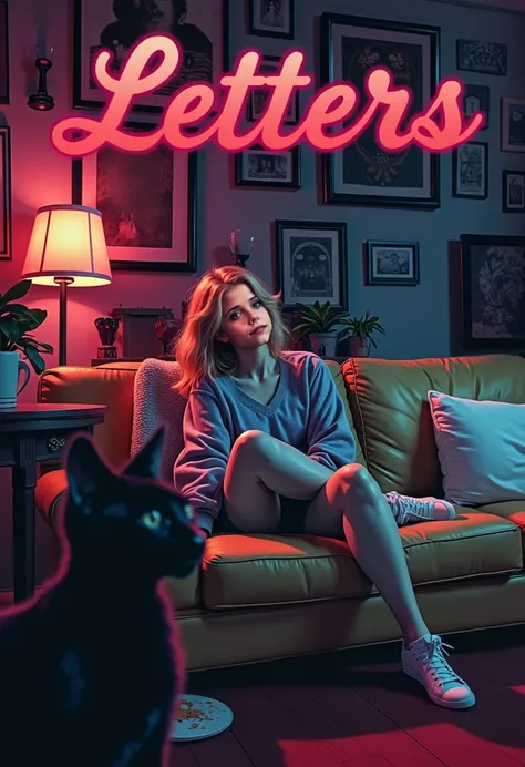  beautiful Buffy Summers sits on the couch, beautiful title  "Lost Memories",  dark creative atmosphere ,  next to a black cat , steam comes from a mug of coffee ,  beautiful image Buffy Summers 