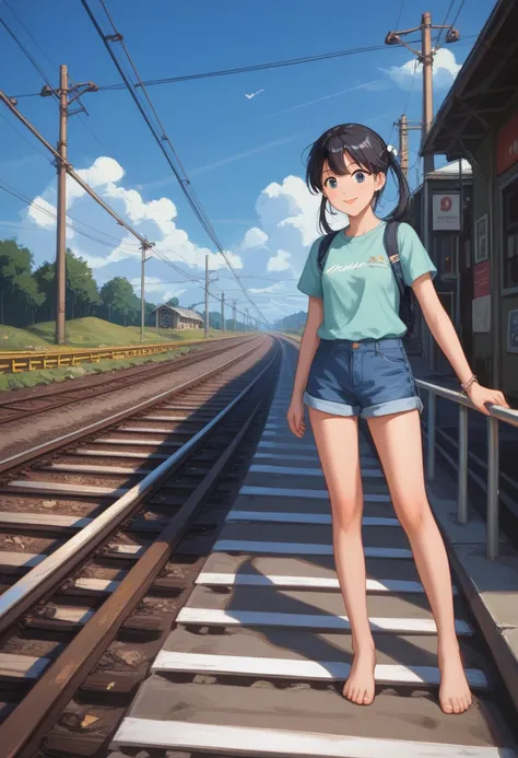 score_9, score_8_up, score_7_up, score_6_up, score_5_up, score_4_up, masterpiece, best quality, source_anime,2D、flat、1girl, 12yo、black hair,electric wires, barefoot, summer, short sleeves, shorts, しゃがむ, old railroad tracks, blue sky、