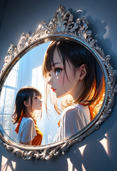 Beautiful girl in the mirror, effective effects, bold and dynamic, contrasts of light and shadow, 2.5D, artistic photography, hyper realistic, ultra detailed, absolutely resolution, masterpiece