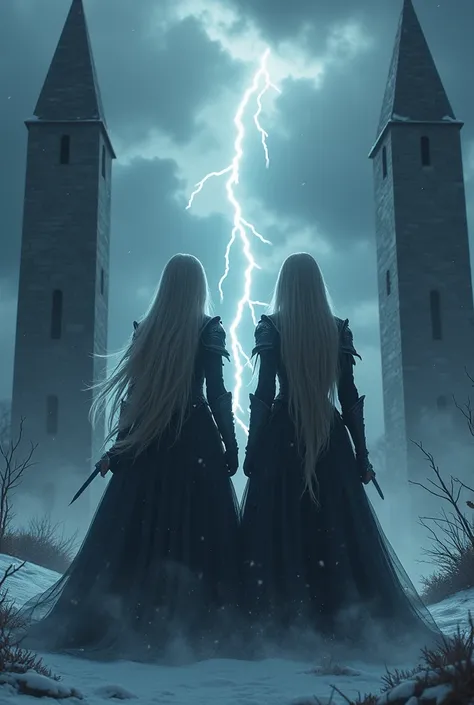  Tower of Darkness、 Gothic Fantasy Scenery 、 Two eerie black towers towering over the freezing wilderness、 Lightning Runs in the Sky with Dark Clouds Draping 、Two beautiful knights standing side by side with swords、Sisters、 long beautiful hair 、 Beautiful ...