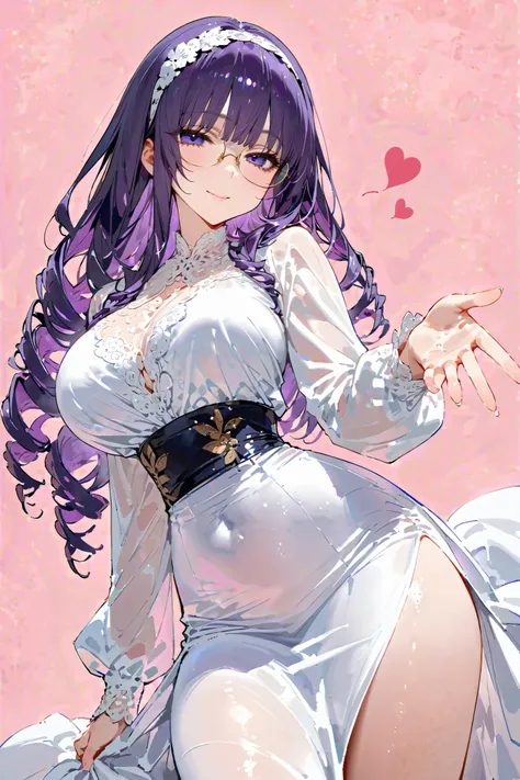 A mature woman with a benevolent smile、(((Show your profile))), ((Reaching for the front)),cowboy shot、 (Large breasts)、(bags under eyes), hair over eyes, detailed hairband, (drill hair:1.3), 、Round Glasses, very long violet hair, cowboy shot,  thick thigh...